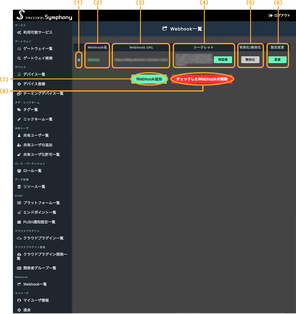図:パソコンのWebhook一覧画面